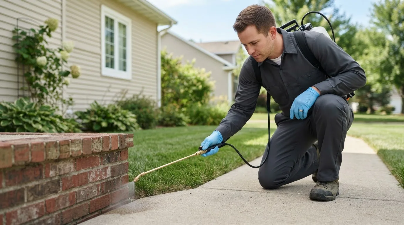 Pest control technician treating a home near Bird City, KS